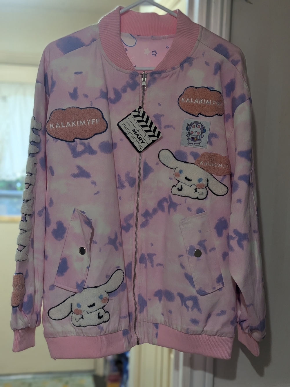Cinnamon Roll Tie-Dye Bomber Jacket with Character Patches